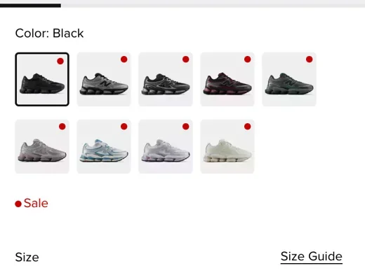 New Balance control: Colours in one long list